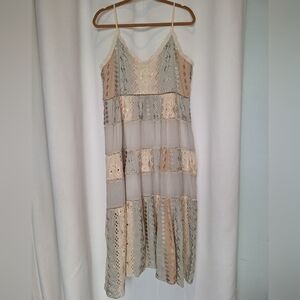 Love Sam Cream And Ice Blue With Lace And Embroidery Spaghetti Strap Midi Dress